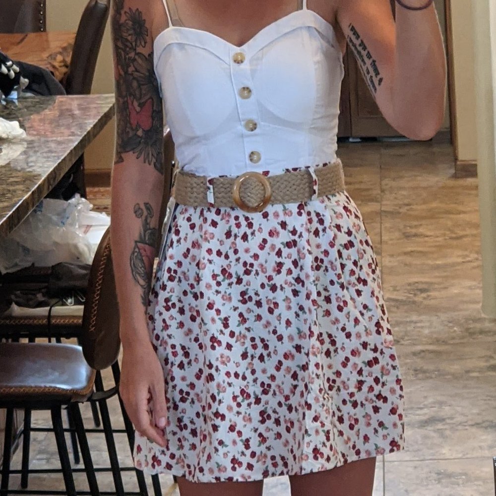 White and Red/Pink Floral Belted Sundress - Vine and Valley - Women's S